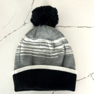 Women’s Grey Black White Striped Knit Winter Snow Hat with Pom Beanie